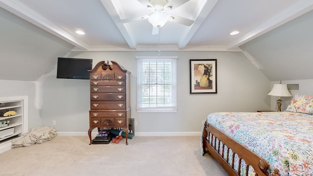 bedroom with carpet flooring, lofted ceiling with beams, and ceiling fan