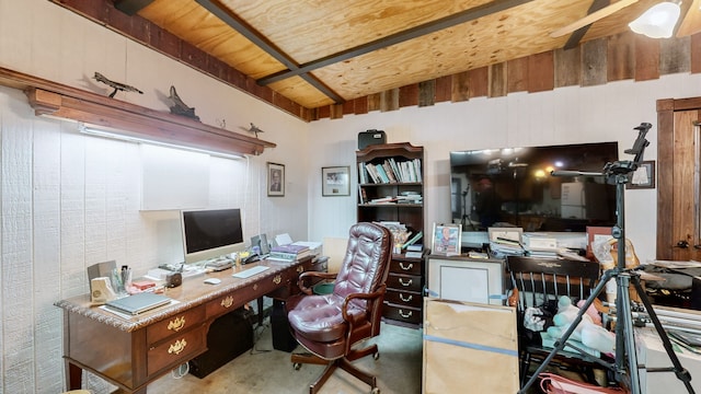 office featuring wood walls and wood ceiling