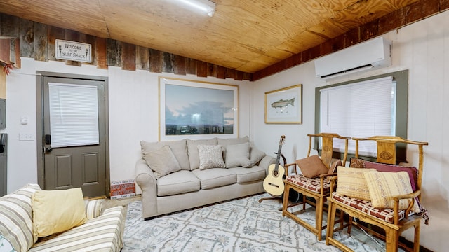 living room featuring wooden ceiling and a wall mounted AC