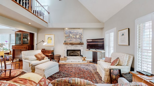 living room featuring wood-type flooring and high vaulted ceiling