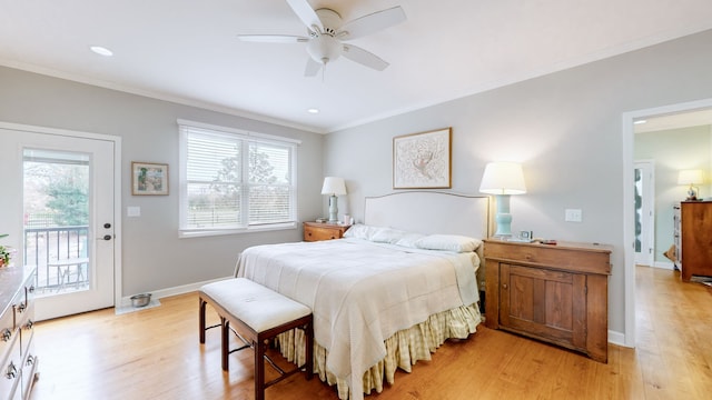 bedroom featuring light wood-type flooring, access to outside, ceiling fan, and crown molding