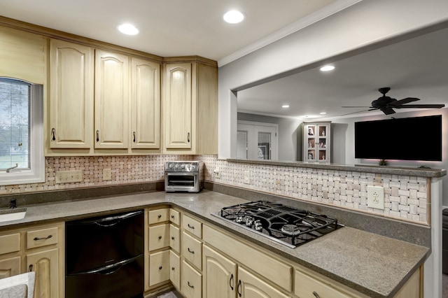 kitchen featuring ceiling fan, stainless steel gas cooktop, tasteful backsplash, black dishwasher, and crown molding