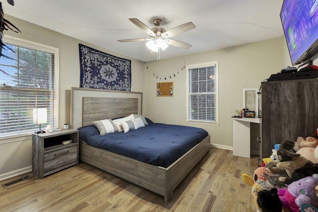 bedroom with ceiling fan and light hardwood / wood-style floors