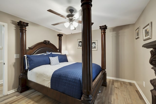 bedroom featuring ceiling fan and light hardwood / wood-style flooring