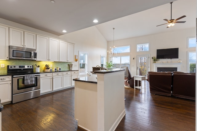 kitchen with dark hardwood / wood-style flooring, stainless steel appliances, white cabinetry, and a healthy amount of sunlight