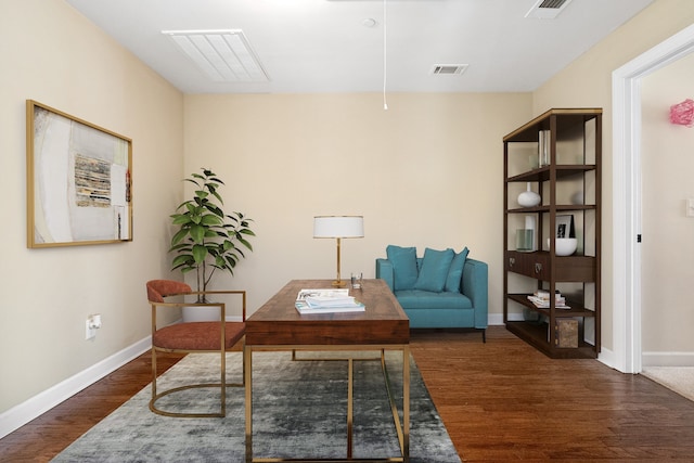 home office featuring dark hardwood / wood-style flooring