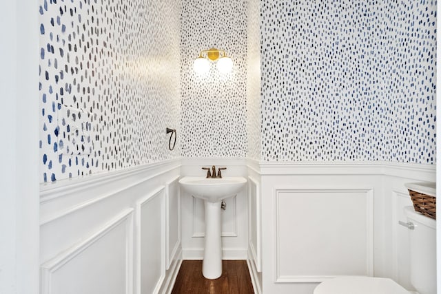 bathroom featuring toilet, wood-type flooring, and sink