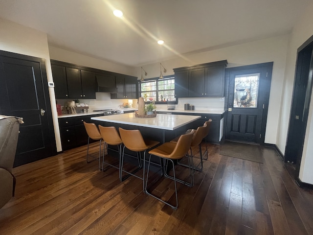 kitchen featuring dark wood-type flooring, stainless steel stove, a kitchen island, custom range hood, and a breakfast bar area