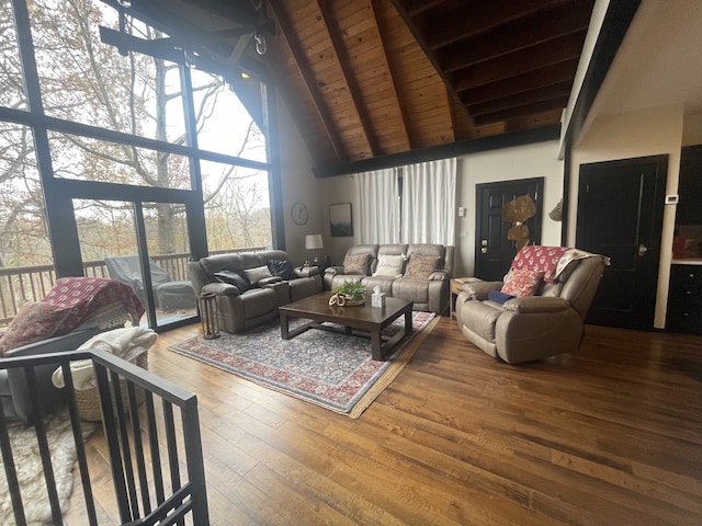 living room with beamed ceiling, wood-type flooring, high vaulted ceiling, and wood ceiling