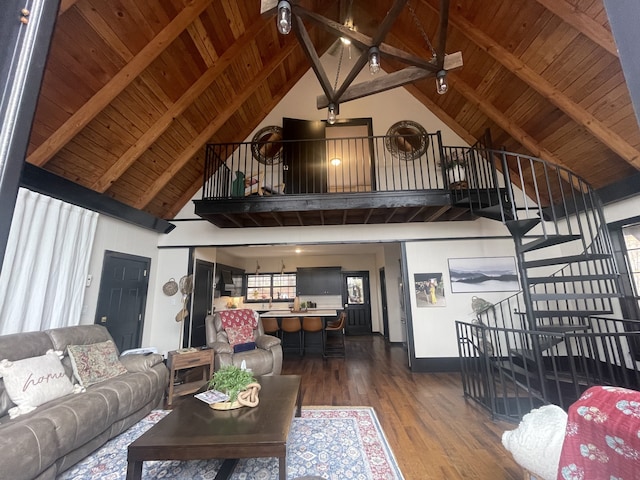 living room with dark hardwood / wood-style floors, beam ceiling, wooden ceiling, and high vaulted ceiling