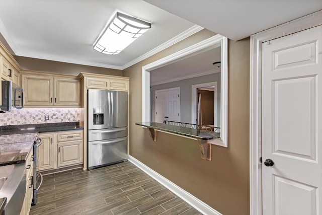 kitchen with backsplash, ornamental molding, and stainless steel refrigerator with ice dispenser