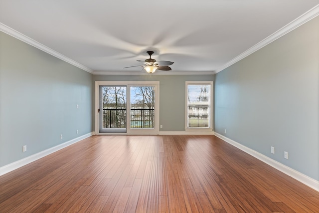 unfurnished room with crown molding, ceiling fan, and hardwood / wood-style flooring