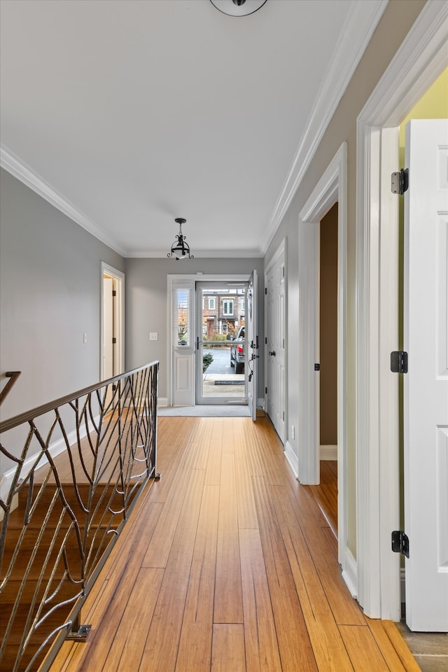 hall featuring ornamental molding and light hardwood / wood-style flooring