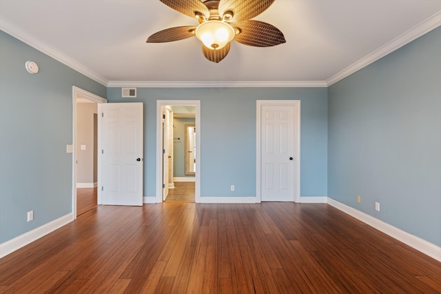 unfurnished bedroom featuring ceiling fan, ornamental molding, and dark hardwood / wood-style floors