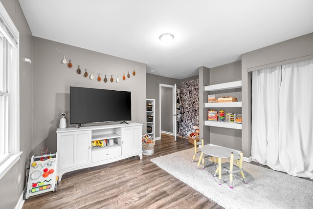 game room with dark hardwood / wood-style flooring and a wealth of natural light