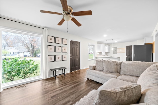 living room featuring plenty of natural light, ceiling fan, and dark hardwood / wood-style flooring