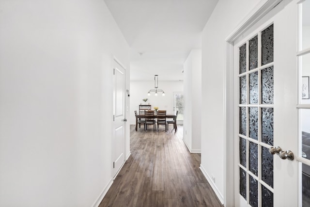 hall featuring dark wood-type flooring and french doors