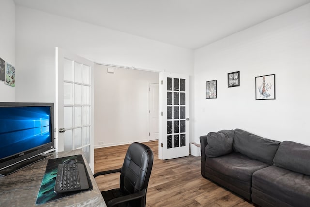 office area with french doors and wood-type flooring