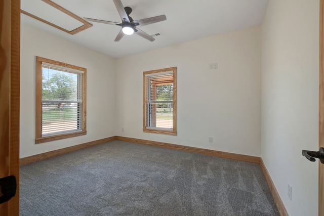 unfurnished room featuring carpet flooring, ceiling fan, and a healthy amount of sunlight