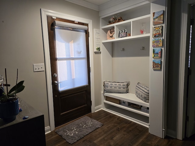 mudroom with dark hardwood / wood-style floors and ornamental molding