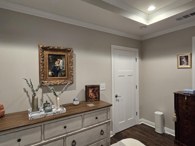 140 Dunn Fall River Rd, Leoma, TN 38468 - bedroom featuring dark wood-type flooring, crown molding, a tray ceiling, and recessed lighting