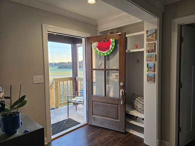 entryway with dark hardwood / wood-style flooring and crown molding