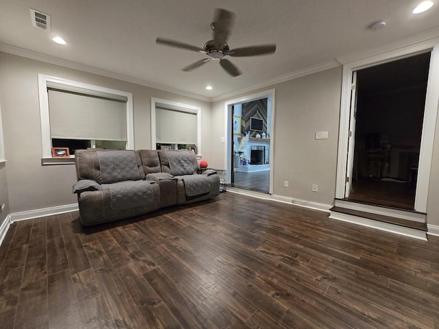 140 Dunn Fall River Rd, Leoma, TN 38468 - living room with ceiling fan, wood finished floors, ornamental molding, and recessed lighting
