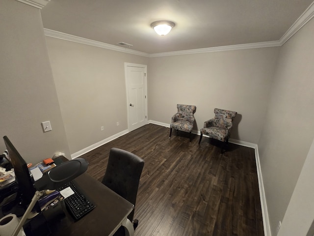 office area featuring dark hardwood / wood-style flooring and ornamental molding