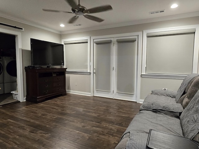 140 Dunn Fall River Rd, Leoma, TN 38468 - living room with washing machine and dryer, a ceiling fan, ornamental molding, wood finished floors, and recessed lighting