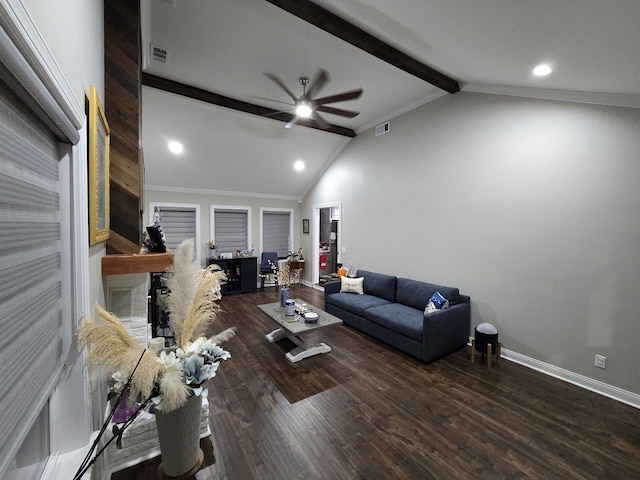 living room with crown molding, dark wood-type flooring, ceiling fan, and lofted ceiling with beams