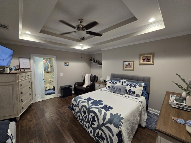 140 Dunn Fall River Rd, Leoma, TN 38468 - bedroom featuring a tray ceiling, crown molding, dark wood finished floors, recessed lighting, and a ceiling fan
