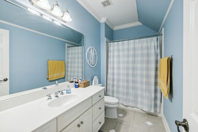 bathroom with tile patterned floors, vanity, crown molding, and toilet