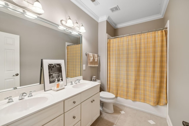 full bathroom featuring toilet, shower / tub combo, tile patterned floors, ornamental molding, and vanity