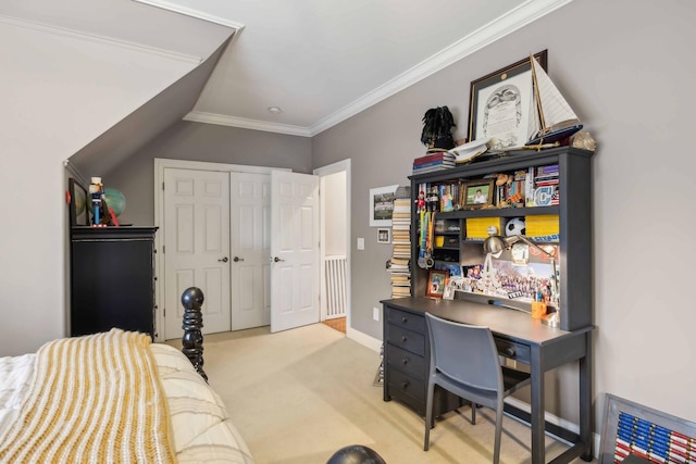 office area with light carpet and crown molding