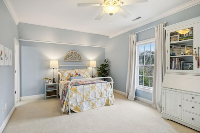 bedroom with vaulted ceiling, ceiling fan, ornamental molding, and light colored carpet