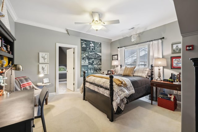 carpeted bedroom featuring ceiling fan, crown molding, and connected bathroom