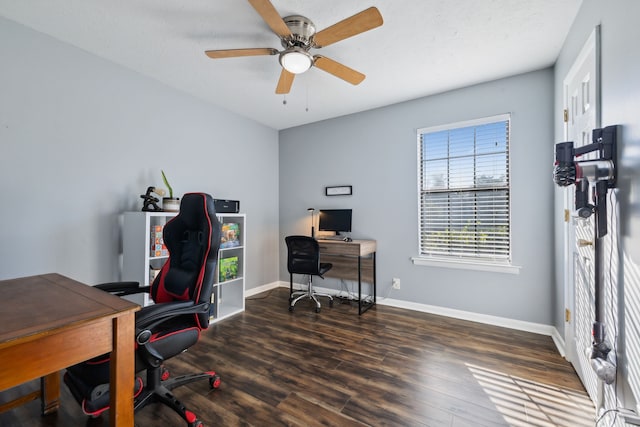 home office featuring ceiling fan and dark hardwood / wood-style floors