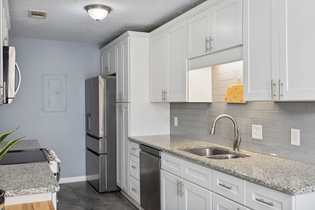 kitchen featuring electric panel, sink, white cabinets, and appliances with stainless steel finishes