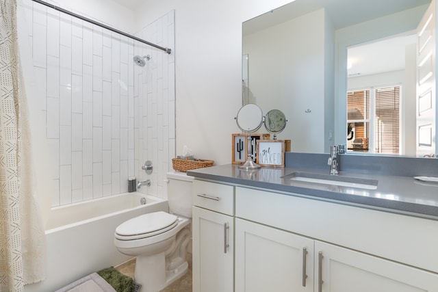 full bathroom with vanity, toilet, and shower / bath combo with shower curtain