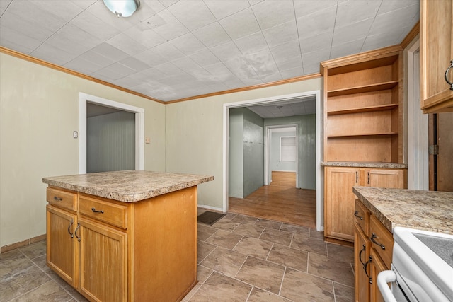 kitchen featuring light hardwood / wood-style floors, a kitchen island, ornamental molding, and range