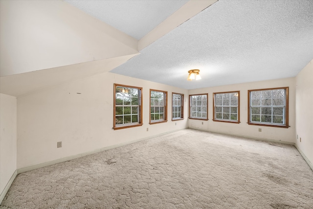 additional living space featuring carpet flooring, lofted ceiling, and a textured ceiling