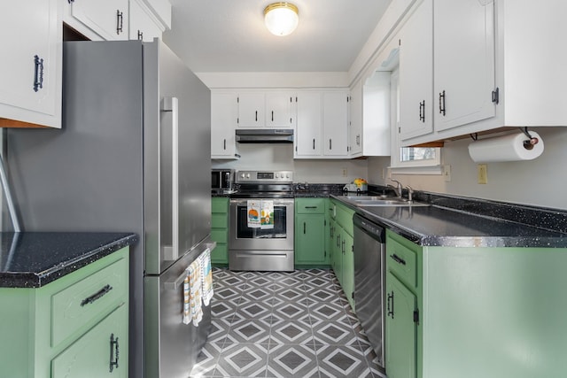 kitchen with stainless steel appliances, white cabinetry, green cabinetry, and sink