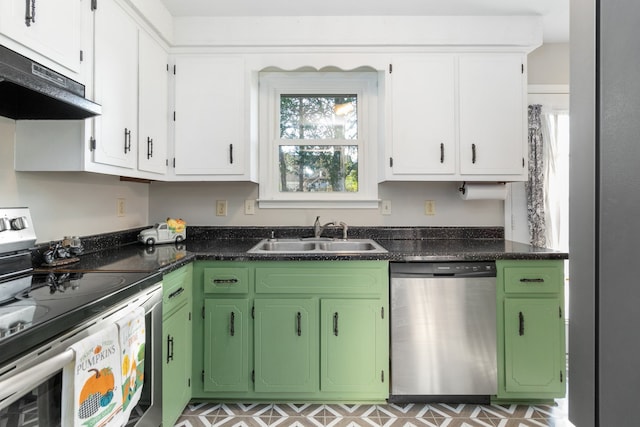 kitchen featuring stainless steel dishwasher, exhaust hood, sink, white cabinets, and range