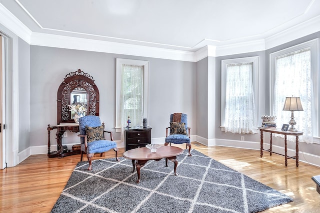 sitting room featuring crown molding and hardwood / wood-style flooring