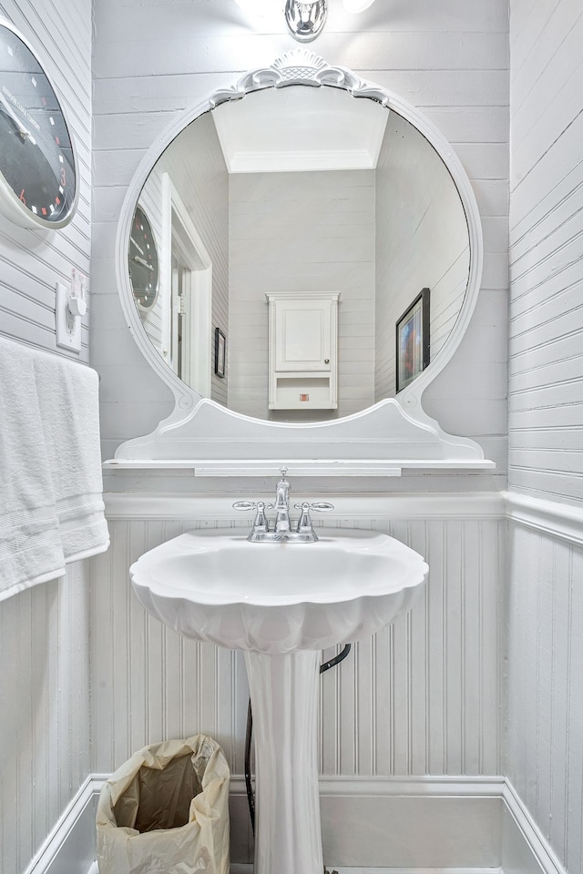 bathroom featuring sink and wooden walls