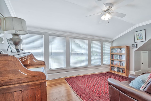 sitting room featuring ceiling fan, lofted ceiling, crown molding, and light hardwood / wood-style flooring