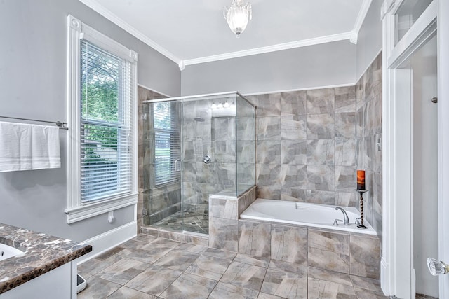 bathroom with shower with separate bathtub, vanity, and crown molding