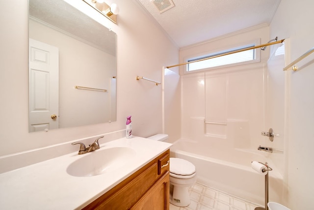 full bathroom featuring a textured ceiling, toilet, shower / tub combination, vanity, and ornamental molding