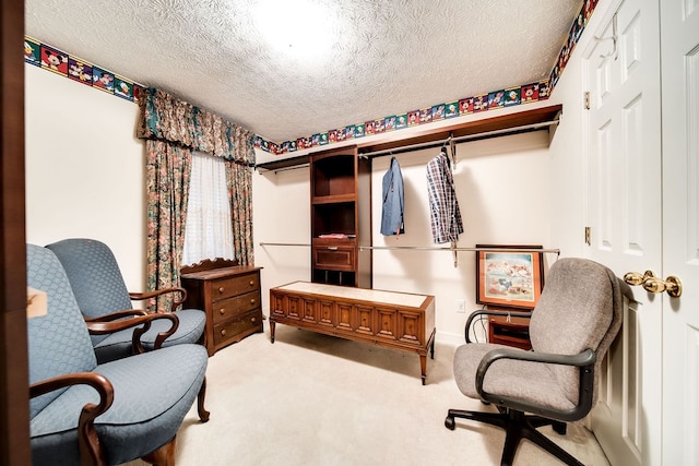 living area with light carpet and a textured ceiling