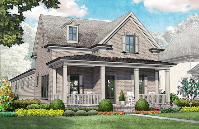 view of front of property featuring a porch, a standing seam roof, brick siding, and metal roof